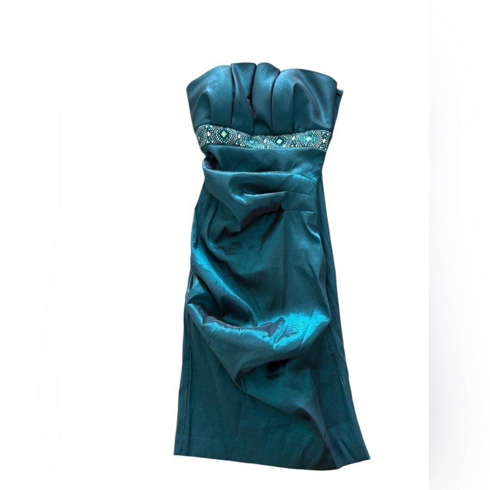Betsy & Adam Strapless Dress in Shimmering Teal